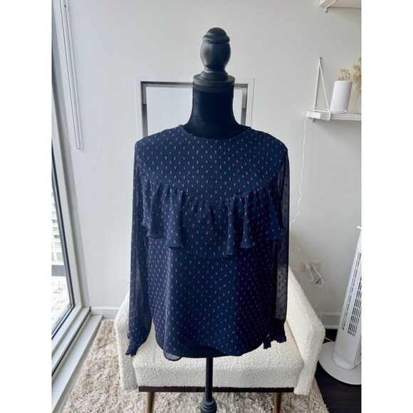 Express Navy & Pink Ruffle Front Long Sleeve Blouse Size Medium - Picture 1 of 7